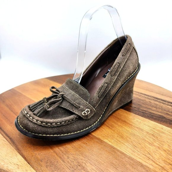 Yellow Box Tiger Loafers 7.5 Chocolate Brown Suede Leather Stacked Wedge 90s Y2K - Picture 1 of 12